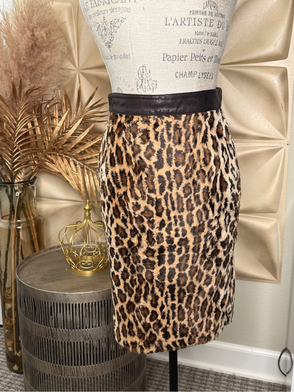 Elizabeth and James Leopard-Print Pencil Skirt with Black Waistband